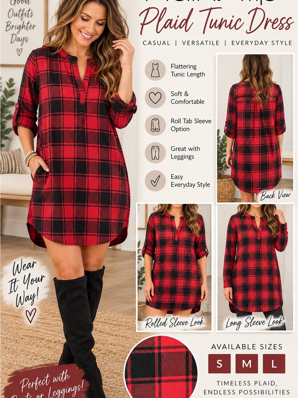 Main Strip Red and Black Plaid Tunic Dress